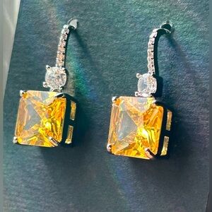 Elegant Yellow Quartz & Zirconia Cube Drop Earrings